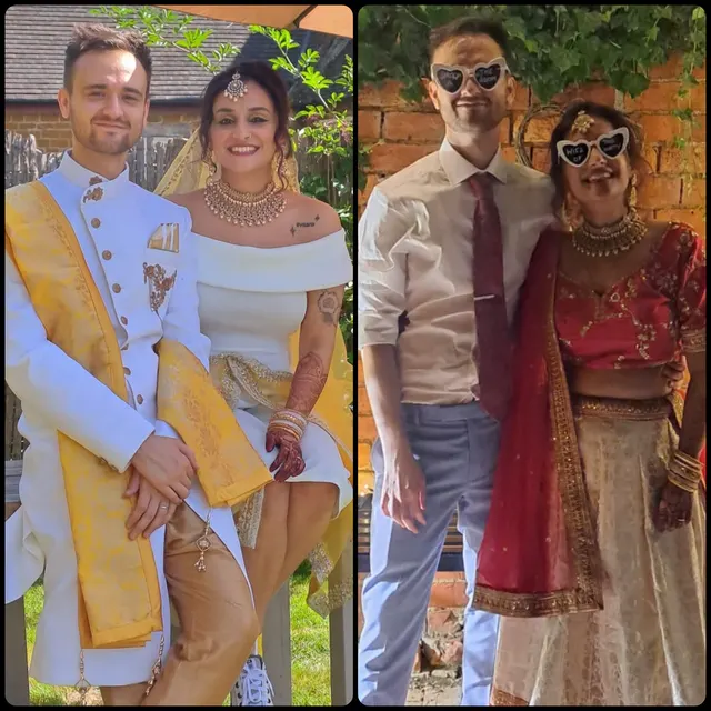 Side by side: Krishna in a white dress and Matt in Indian dress at the ceremony, then Matt in a suit and Krishna in a red lehenga at the reception